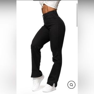 Fit jeans black straight leg cut out bottom